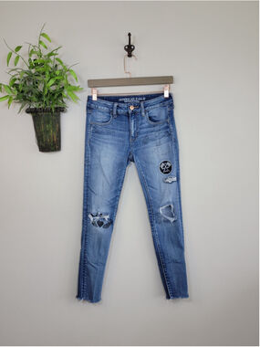 AE 4 American Eagle Open Road Hot Rod Graffiti Patch Skinny Jeans Jegging Raw